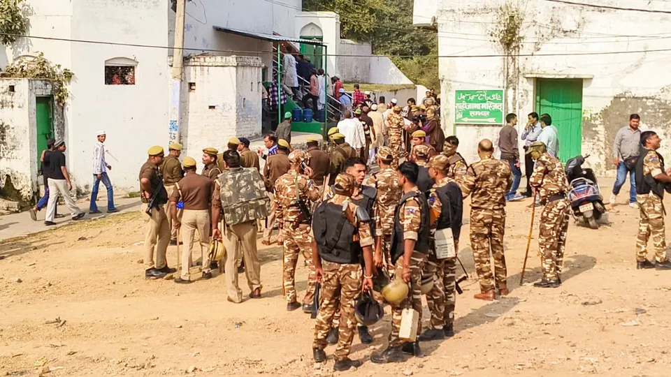 Security personnel keep vigil ahead of Friday prayers amid the ongoing controversy regarding the Jama Masjid, in Uttar Pradesh's Sambhal district, Friday, Nov. 22, 2024.