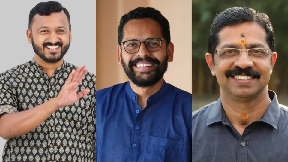 (L-R) Rahul Mamkootathil, P Sarin and C Krishnakumar