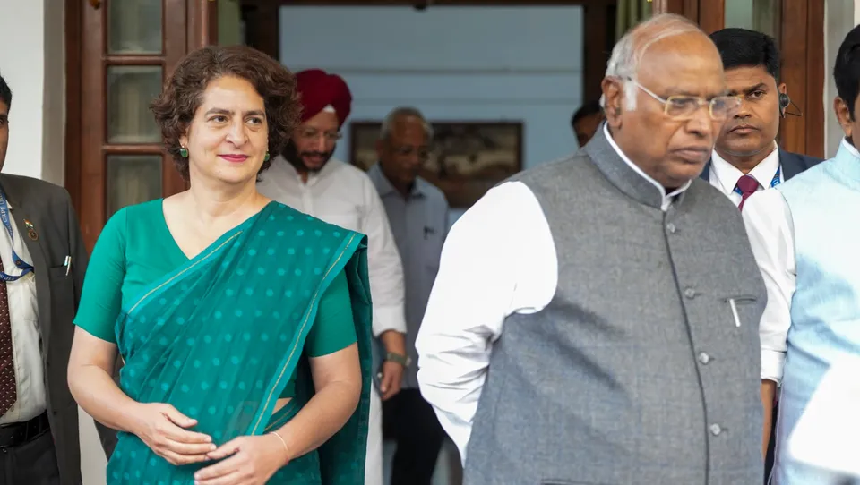 Congress General Secretary Priyanka Gandhi Vadra meets party President Mallikarjun Kharge after her massive victory in the Wayanad Lok Saha by-poll, in New Delhi, Saturday, Nov. 23, 2024