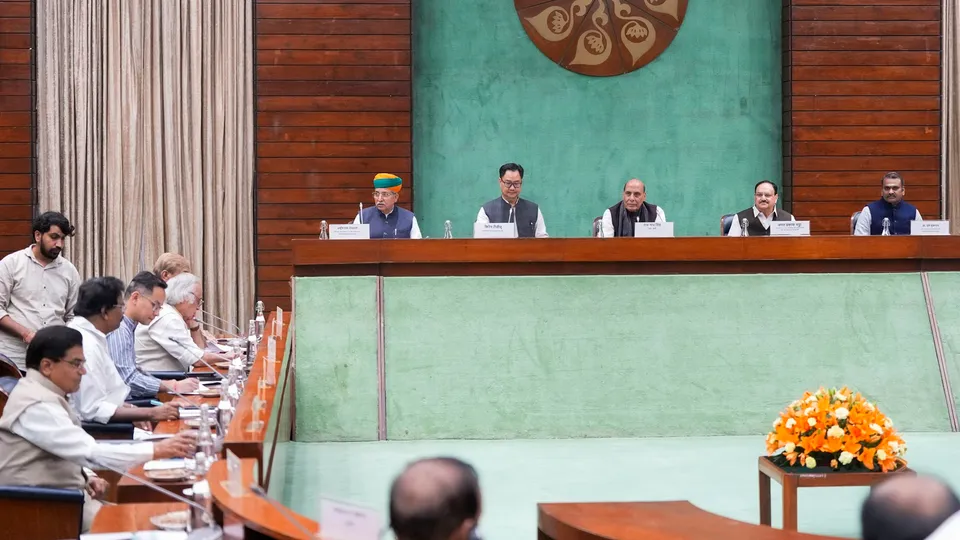 Union Minister of State (Independent Charge) for Parliamentary Affairs Arjun Ram Meghwal, Union Minister of Parliamentary Affairs Kiren Rijiju, Union Defence Minister Rajnath Singh, Union Minister and BJP National President JP Nadda, Union Minister of State for Parliamentary Affairs L Murugran and others during an all-party meeting ahead of Winter session of the Parliament, in New Delhi, Sunday, Nov. 24, 2024.