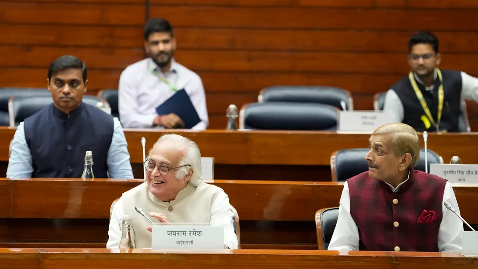 Congress leaders Jairam Ramesh and Pramod Tiwari during an all-party meeting ahead of Winter session of the Parliament, in New Delhi, Sunday, Nov. 24, 2024.