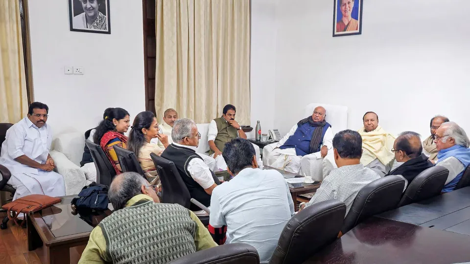 Leader of the Opposition in Rajya Sabha Mallikarjun Kharge with the floor leaders of INDIA bloc parties during a meeting, in New Delhi, Monday, Nov. 25, 2024.