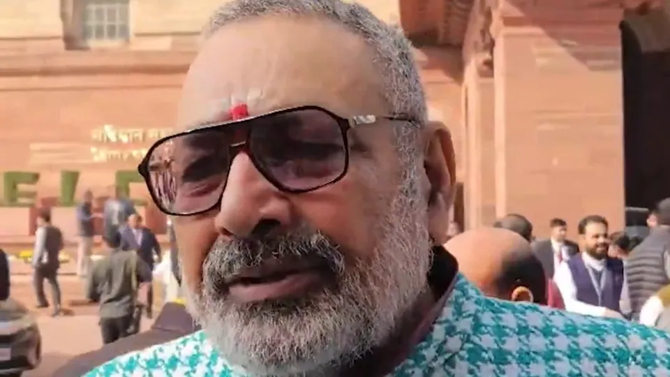 Union minister Giriraj Singh talking to reporters in Parliament complex