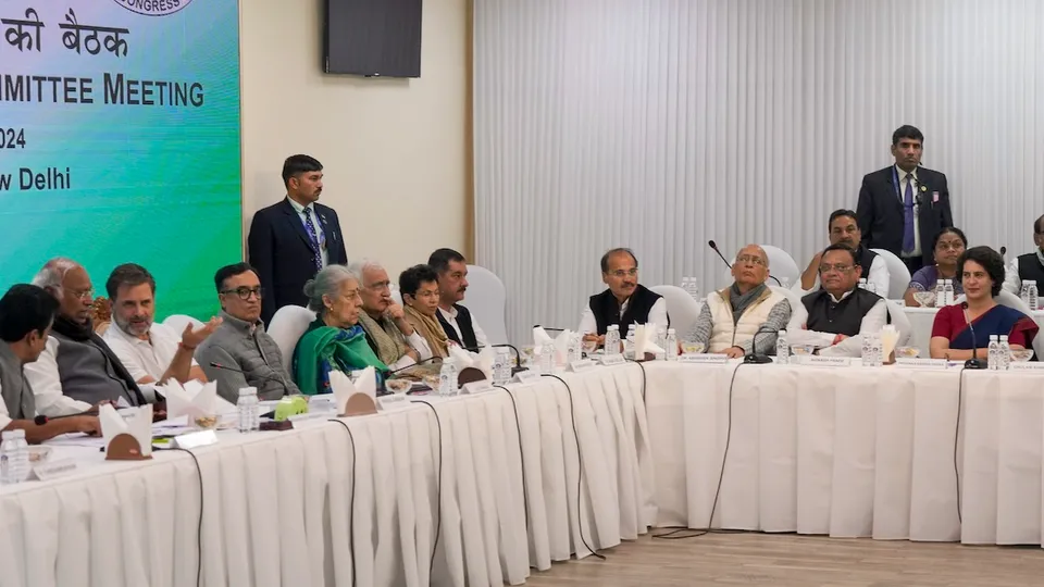 Mallikarjun Kharge with Rahul Gandhi, Ajay Maken, Kumari Selja, Priyanka Gandhi Vadra, and others during the Congress Working Committee meeting, at the AICC headquarters in New Delhi, Friday, Nov. 29, 2024.