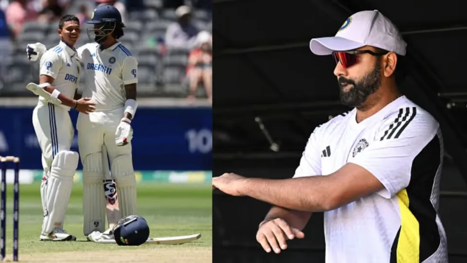 K L Rahul with Yashasvi Jaiswal and Rohit Sharma