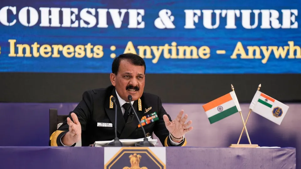 Chief of the Naval Staff Admiral Dinesh K. Tripathi addresses a press conference, ahead of Navy Day, in New Delhi, Monday, Dec. 2, 2024.