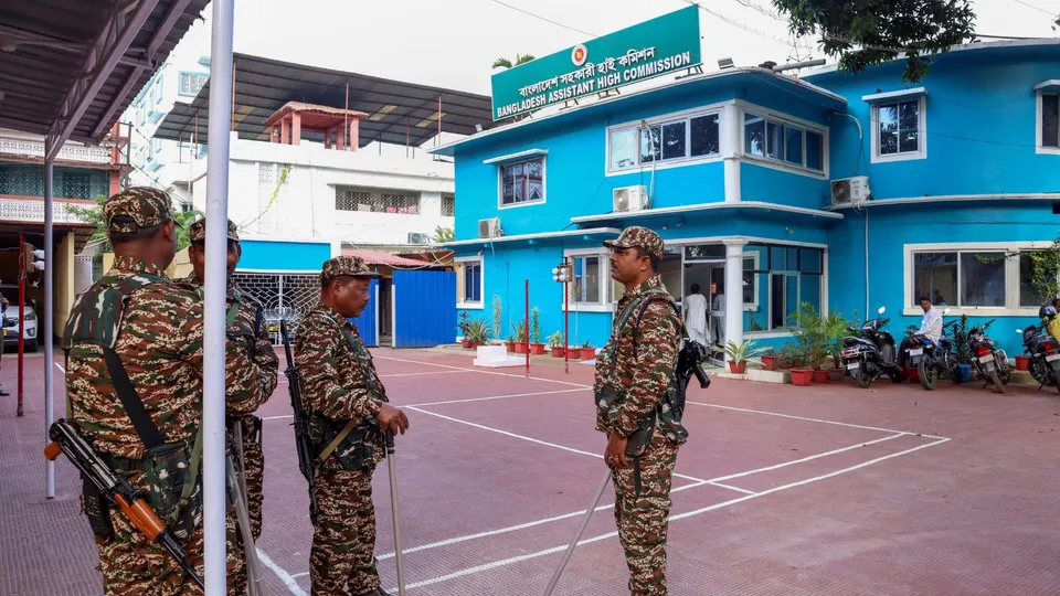 Security personnel keep vigil amid heightened security at the Bangladesh Assistant High Commission after protests erupted in Tripura over alleged attacks on Hindus in Bangladesh, in Agartala