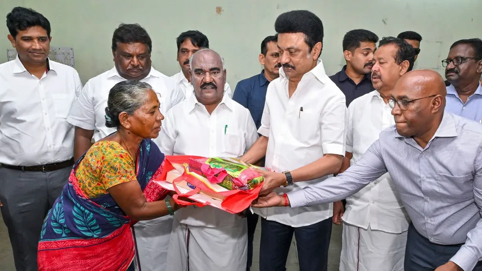 Tamil Nadu Chief Minister MK Stalin distributes relief material at a camp set up for flood affected people following the Cyclone Fengal, in Villupuram