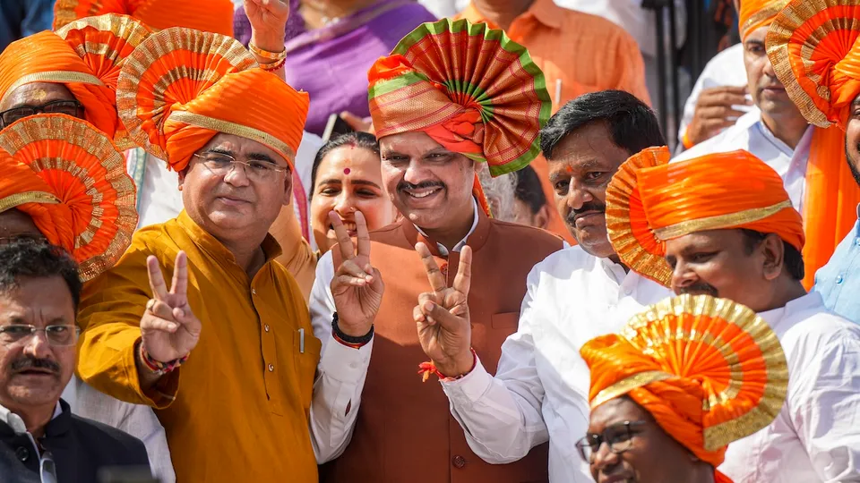Devendra Fadnavis with elected BJP MLAs after the BJP legislature meeting, at Vidhan Bhavan, in Mumbai, Wednesday, Dec. 4, 2024.
