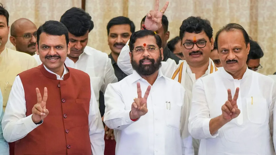 Shiv Sena chief Eknath Shinde with BJP leader Devendra Fadnavis, Maharashtra party President Chandrashekhar Bawankule, NCP chief Ajit Pawar and party leader Praful Patel during a press conference, at Governor house in Mumbai, Wednesday, Dec. 4, 2024.