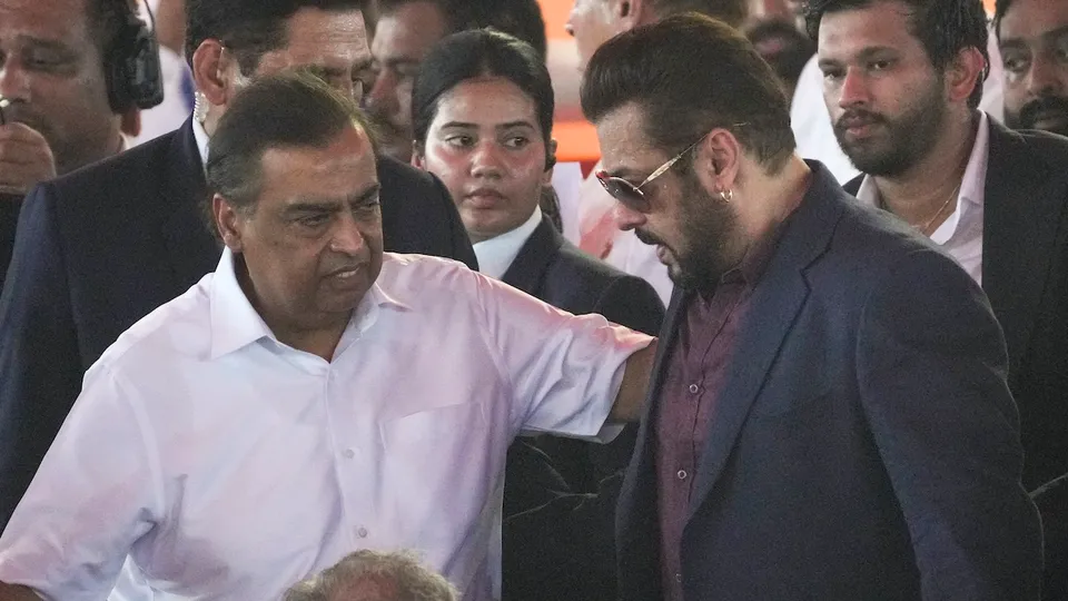Mukesh Ambani and Salman Khan during the swearing-in ceremony of Devendra Fadnavis as Maharashtra Chief Minister in Mumbai on Thursday, Dec. 5, 2024.