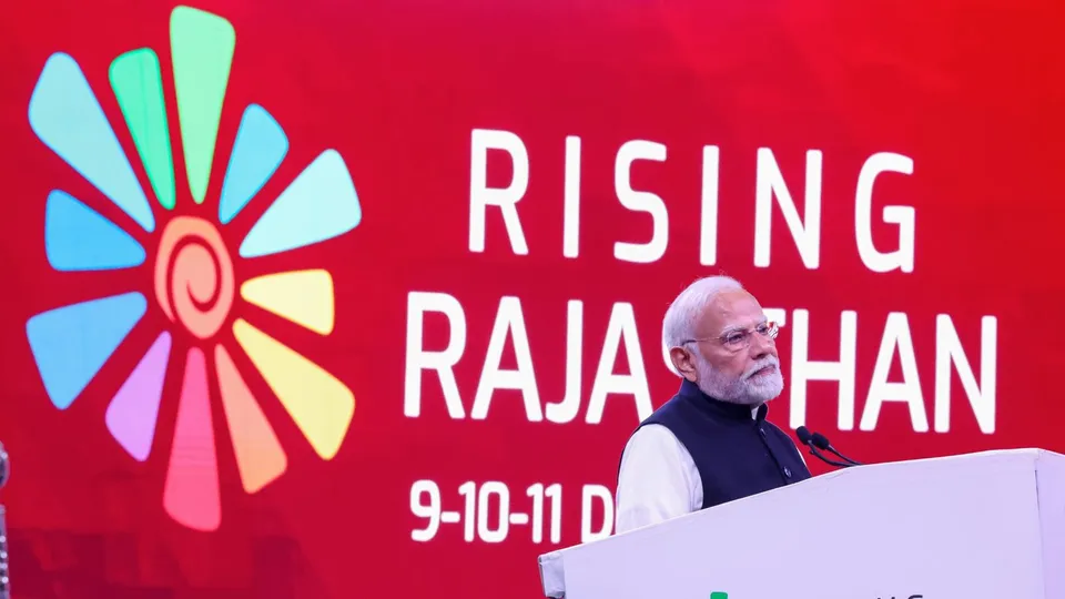 Prime Minister Narendra Modi addresses a gathering during the inauguration of Rising Rajasthan Global Investment Summit, in Jaipur, Monday, Dec. 9, 2024.
