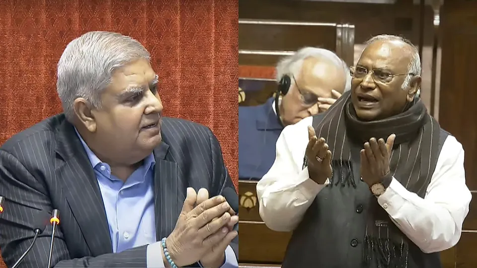 Rajya Sabha Chairman Jagdeep Dhankhar conducts proceedings as Leader of Opposition Mallikarjun Kharge speaks in the House during the Winter session of Parliament, in New Delhi, Monday, Dec. 9, 2024.