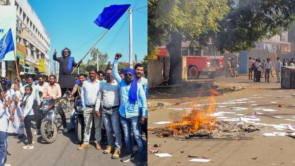 A structure set on fire during protests which continued for the second day over alleged vandalising of a replica of the Indian Constitution, in Parbhani, Maharashtra, Wednesday, Dec. 11, 2024.