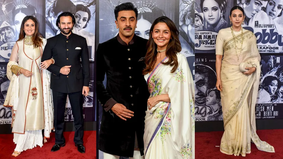 Bollywood actors Kareena Kapoor Khan, Saif Ali Khan, Ranbir Kapoor, Alia Bhatt and Karishma Kapoor during legendary actor and filmmaker Raj Kapoor's birth centenary celebration event, in Mumbai, Friday, Dec. 13, 2024.