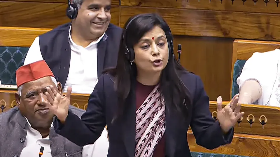 TMC MP Mahua Moitra speaks in the Lok Sabha during the Winter session of Parliament, in New Delhi, Friday, Dec. 13, 2024.
