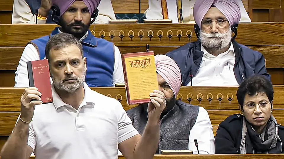 Leader of Opposition in the Lok Sabha Rahul Gandhi speaks in the House during the Winter session of Parliament, in New Delhi, Saturday, Dec. 14, 2024.