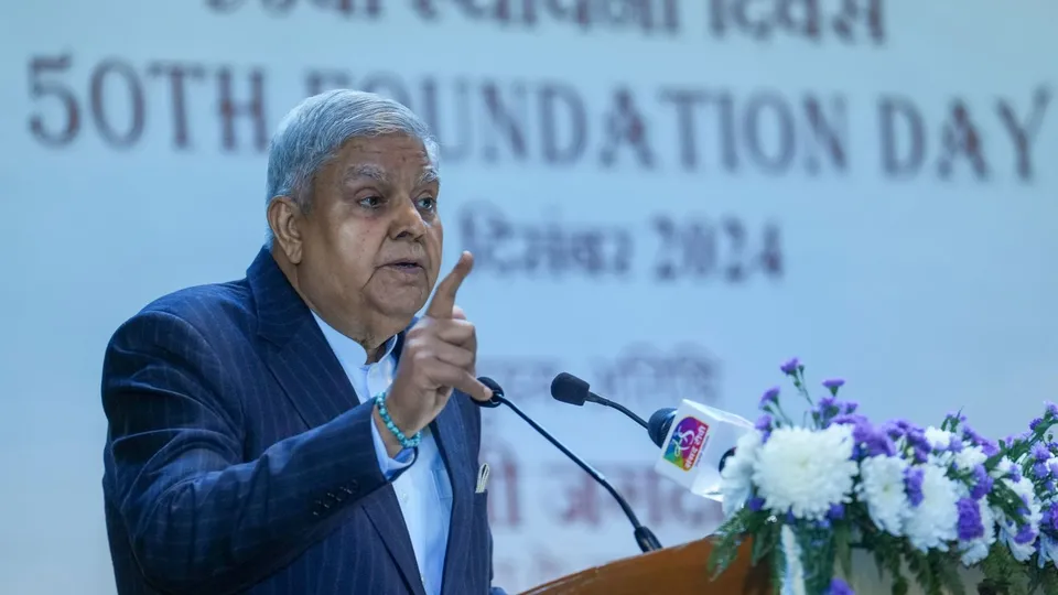 Vice President Jagdeep Dhankhar speaks during the 50th foundation day function of Indian Post & Telecommunications Accounts and Finance Services, in New Delhi, Saturday, Dec. 14, 2024.
