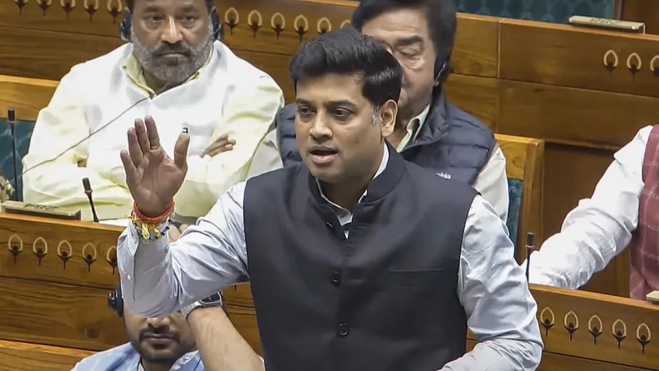 Shiv Sena MP Shrikant Eknath Shinde speaks in the Lok Sabha during the Winter session of Parliament in New Delhi on Saturday, Dec. 14, 2024.