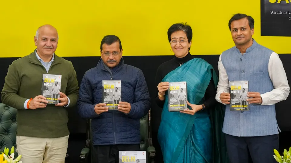 From left, Manish Sisodia, Arvind Kejriwal, Atishi and Jasmine Shah during the release of the latter's book titled 'The Delhi Model' in New Delhi on Sunday, Dec. 15, 2024.