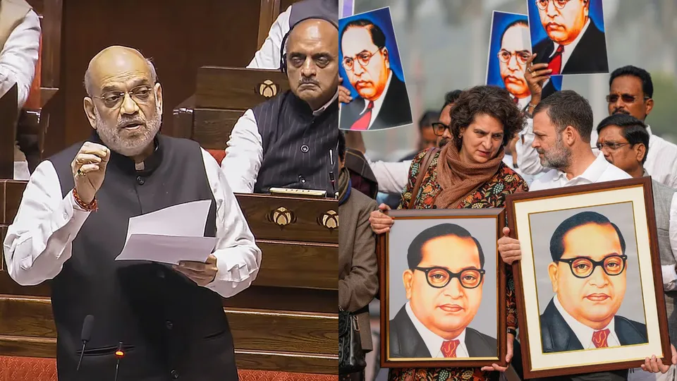 Leader of Opposition in the Lok Sabha Rahul Gandhi,Congress MPs Priyanka Gandhi Vadra and other opposition MPs hold portraits of Dr. BR Ambedkar during a protest,in New Delhi, Wednesday, Dec. 18, 2024.