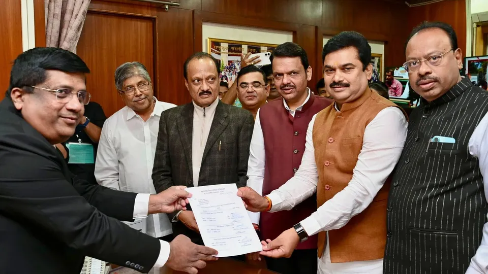 BJP leader Ram Shinde files his nomination for the election of Chairman of Maharashtra Legislative Council in the presence of Chief Minister Devendra Fadnavis, Deputy Chief Minister Ajit Pawar, and Minister Chandrashekhar Bawankule.