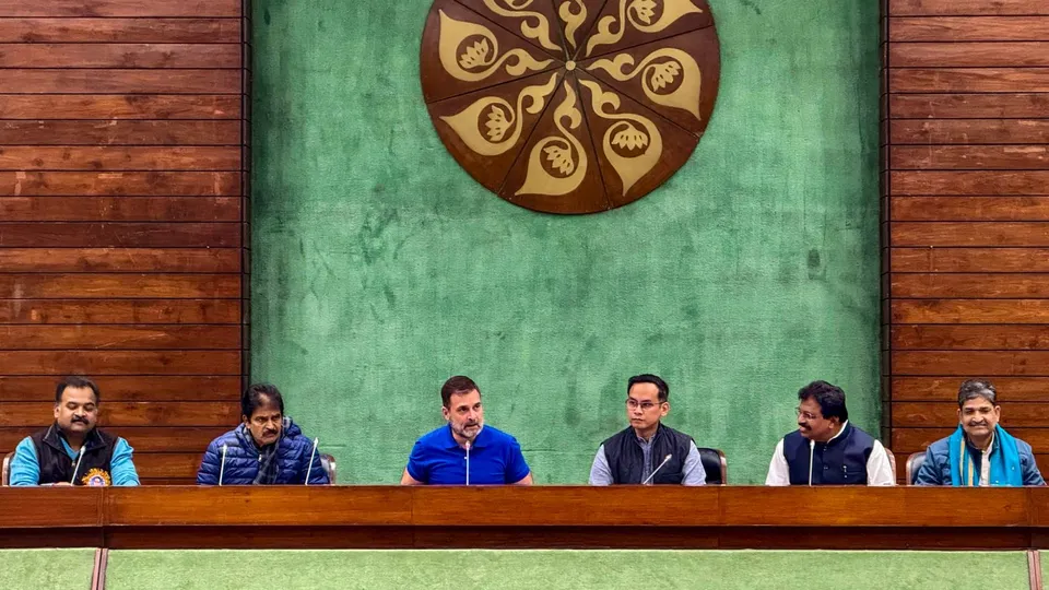 LoP in the Lok Sabha and Congress MP Rahul Gandhi with party MPs K C Venugopal, Gaurav Gogoi, K Suresh and others during a meeting of Lok Sabha MPs of the Congress Parliamentary Party, at the Parliament House in New Delhi, Thursday, Dec. 19, 2024.
