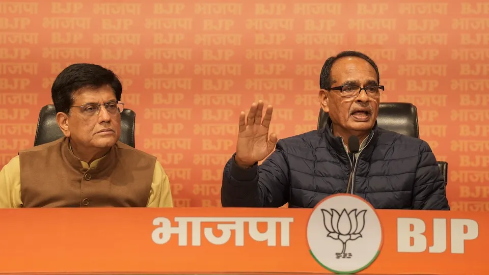 Shivraj Singh Chouhan and Piyush Goyal address a press conference, at BJP HQ in New Delhi, Thursday, Dec. 19, 2024.