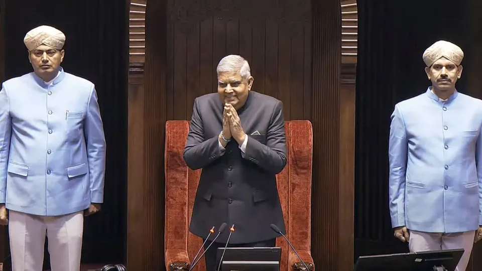 Rajya Sabha Chairman Jagdeep Dhankhar arrives to conduct proceedings in the House during the Winter session of Parliament, in New Delhi, Friday, Dec. 20, 2024.