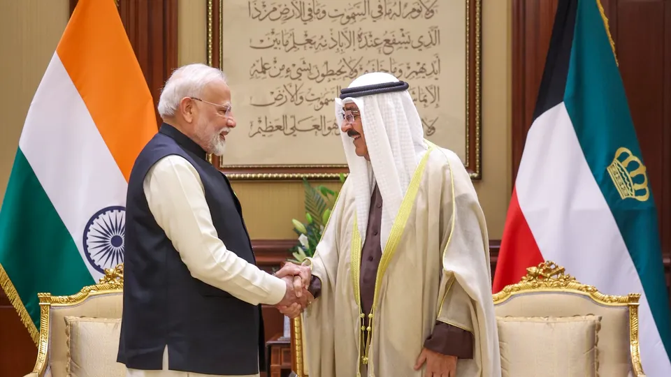 Prime Minister Narendra Modi with Amir of Kuwait Sheikh Meshal Al-Ahmad Al-Jaber Al Sabah during a meeting in Kuwait on Sunday, Dec. 22, 2024.