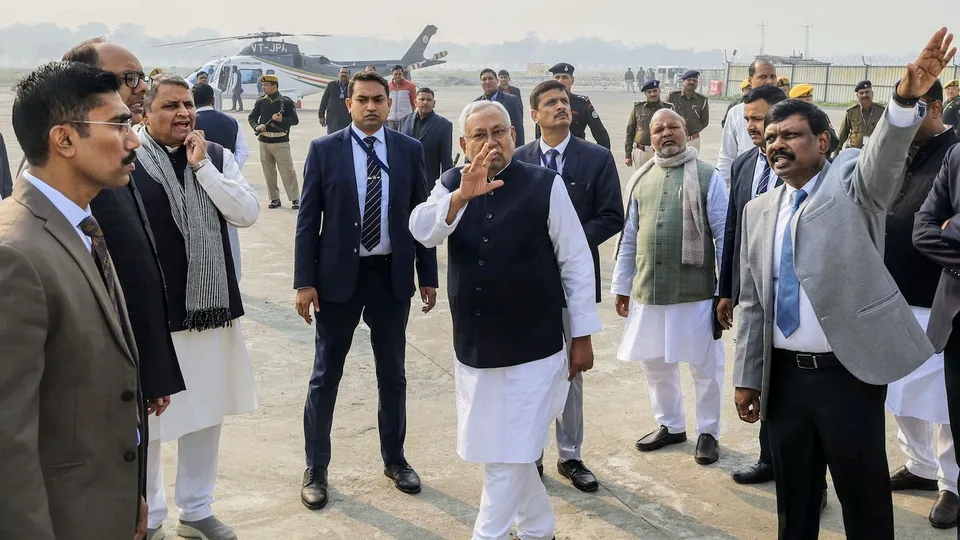 Bihar Chief Minister Nitish Kumar prior to leaving for the 'Pragati Yatra', at Jai Prakash Narayan Airport, in Patna, Monday, Dec. 23, 2024.