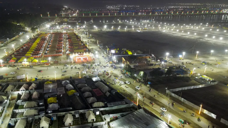 An aerial view of Sangam, the confluence of River Ganga, Yamuna and Saraswati, ahead of Mahakumbh in Prayagraj on Sunday, Dec. 29, 2024.