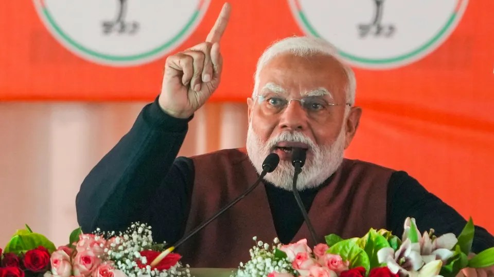 Narendra Modi speaks during a public meeting at Rohini in New Delhi on Sunday, Jan. 5, 2025.