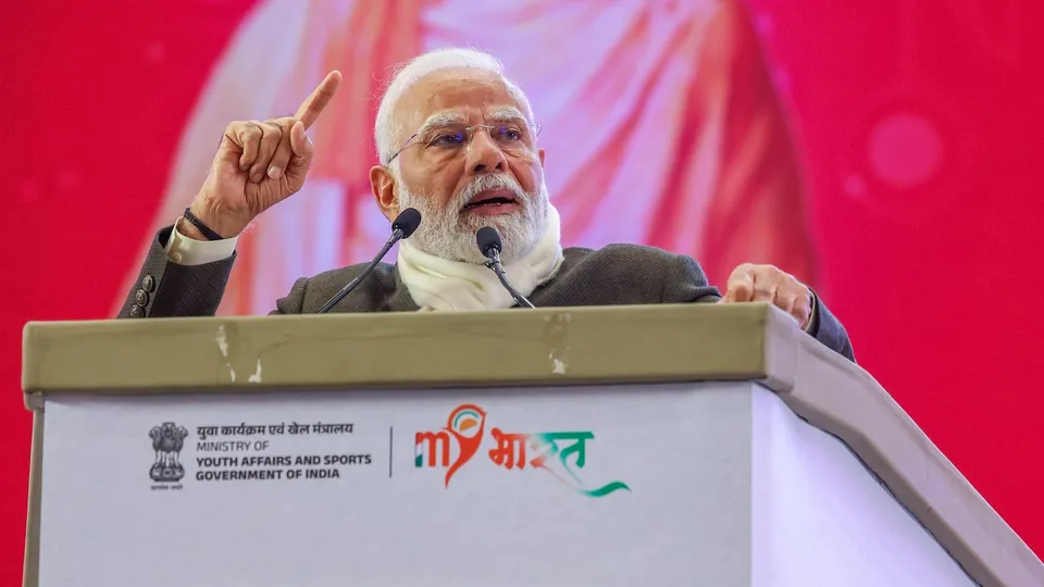 Narendra Modi addresses at the Young Leader's Dialogue in New Delhi on Sunday, Jan. 12, 2025.