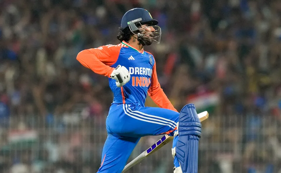 Tilak Varma celebrates after India won the second T20 cricket match against England, at M.A. Chidambaram Stadium in Chennai on Saturday, Jan. 25, 2025.