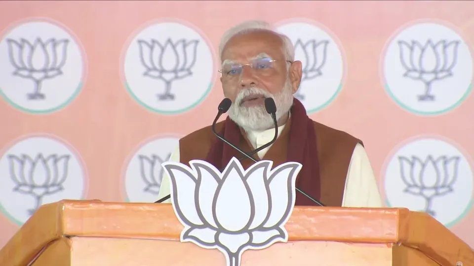 Narendra Modi addressess a rally in Dwarka, New Delhi, on Friday, Jan 31, 2025.