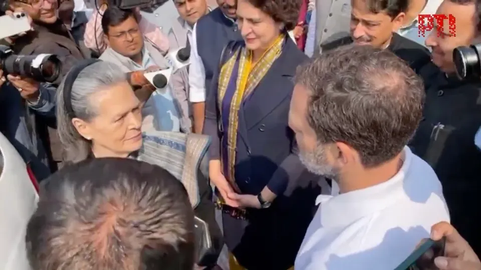 Sonia Gandhi, Priyanka Gandhi and Rahul Gandhi at the Parliament on Friday, Jan 31, 2025.