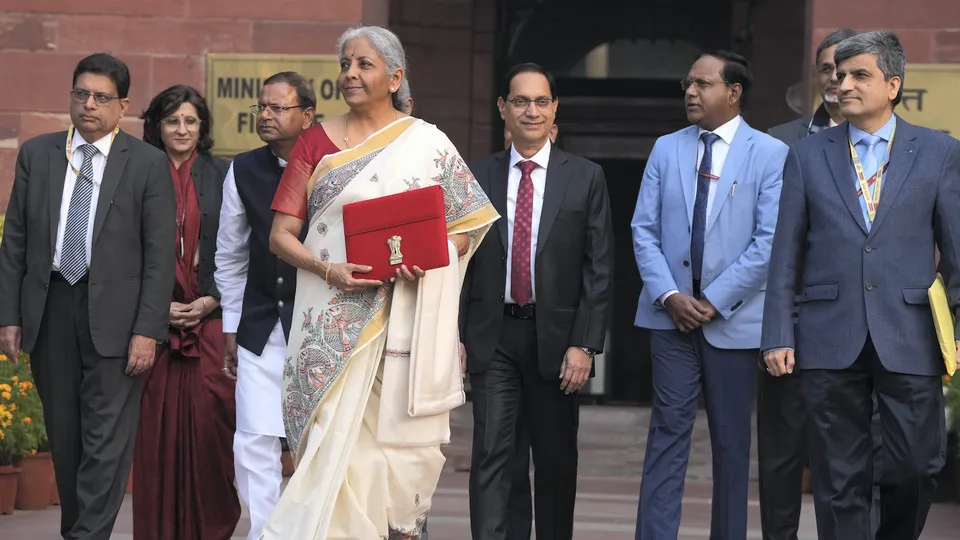 Nirmala Sitharaman outside the Finance Ministry ahead of the presentation of the Union Budget 2025-26, in New Delhi on Saturday, Feb. 1, 2025.
