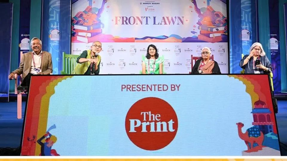 Social activist Aruna Roy, lawyer Vrinda Grover and economists Seema Jayachandran and Abhijit Banerjee at Jaipur Literature Festival on Saturday, Feb 1, 2025.