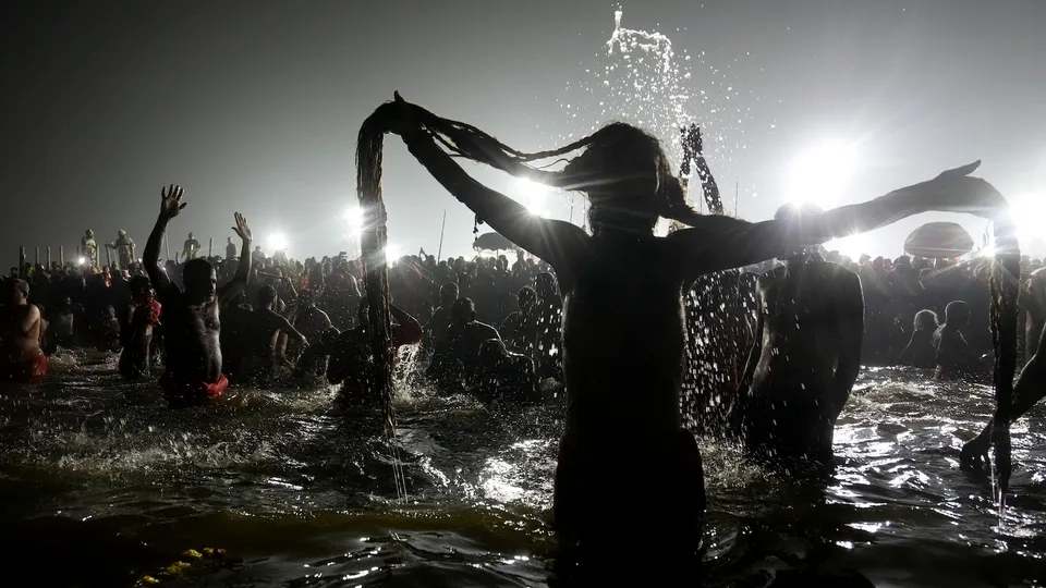 Saints and seers and seersfrom Akharas taking holy dip in Triveni Sangam on the occasion of Basant Panchami during the Maha Kumbh Mela in Prayagraj on Monday, Feb. 3, 2025.