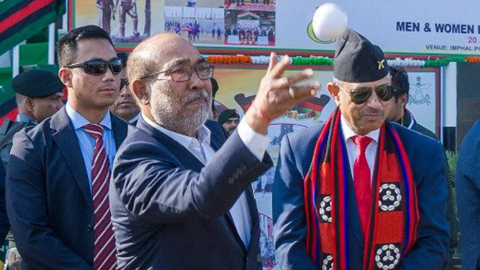 In this image posted by @manipur_cmo via X on Feb. 8, 2025, Manipur Chief Minister N Biren Singh at the closing ceremony the DGAR Men & Women Polo Championship.