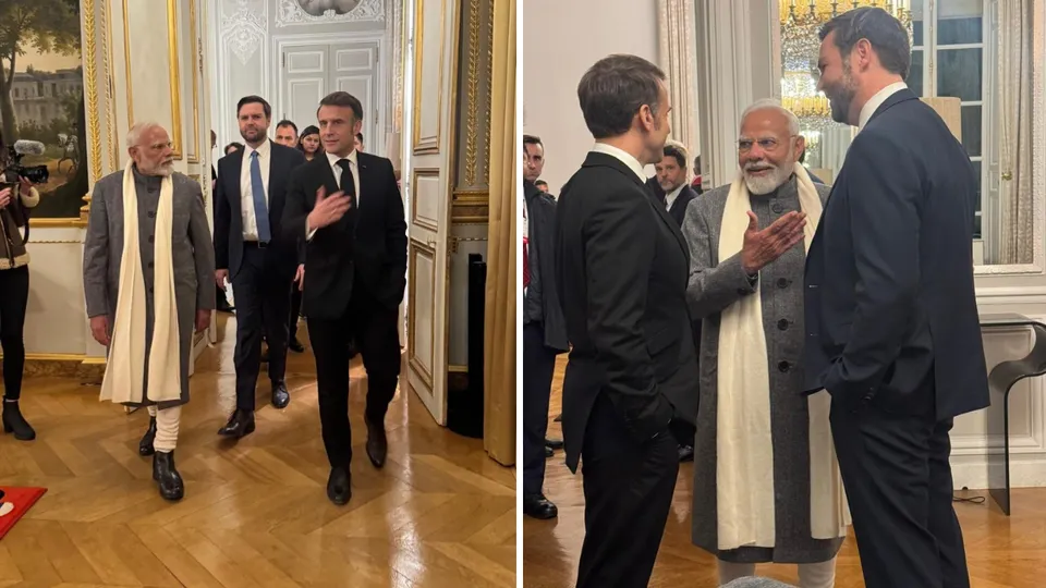 Prime Minister Narendra Modi being welcomed at a dinner hosted by French President Emmanuel Macron in Paris on Monday, Feb 10, 2025.