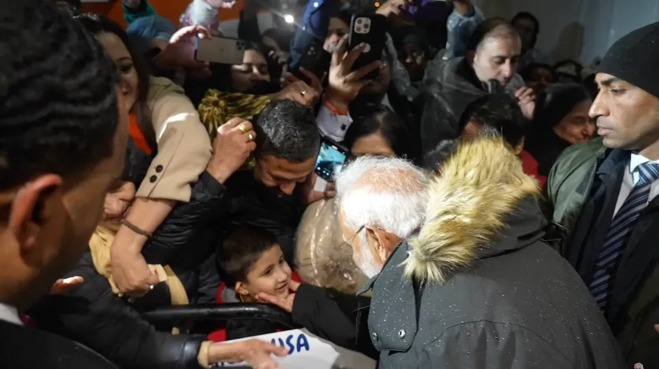 Narendra Modi greeted by Indian diaspora outside Blair house on Thursday, Feb 13, 2025.