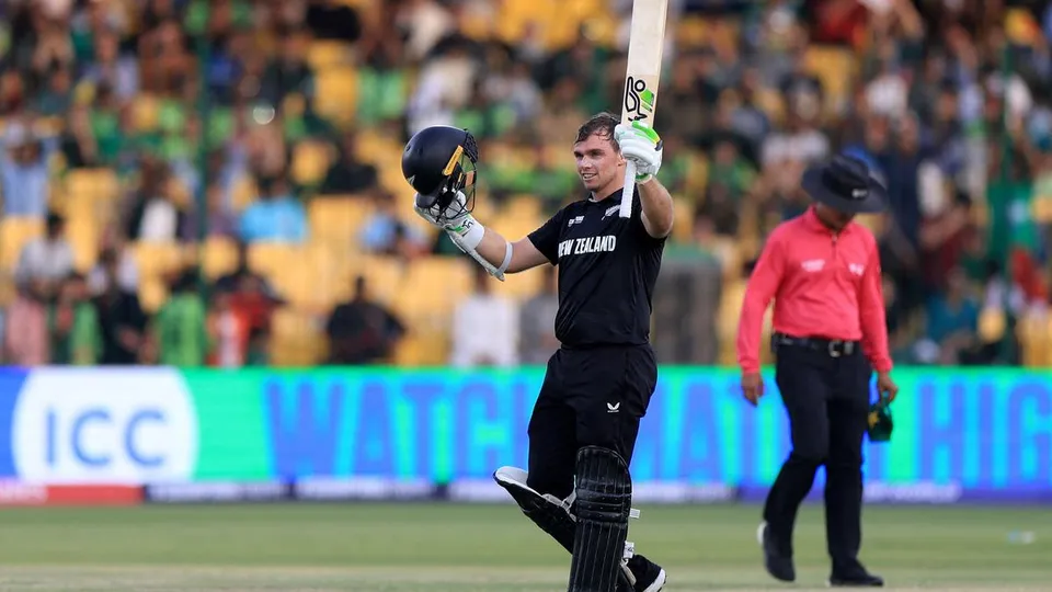 New Zealand batter Tom Latham celebrates after hitting century against Pakistan in Karachi on Wednesday, Feb 19, 2025.