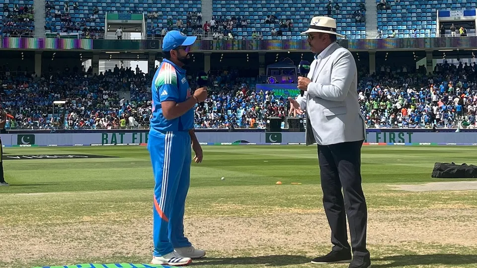Rohit Sharma and Ravi Shastri at the toss in Dubai during India vs Pakistan match in Champions Trophy on Sunday, Feb 23, 2025.