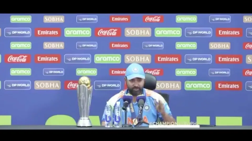 Rohit Sharma addresses a press conference after winning Champions Trophy in Dubai on Sunday, March 9, 2025.