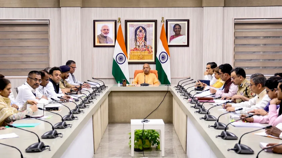 Uttar Pradesh Chief Minister Yogi Adityanath chairs a meeting over law and order situation via video conferencing in Lucknow on Sunday, March 23, 2025.