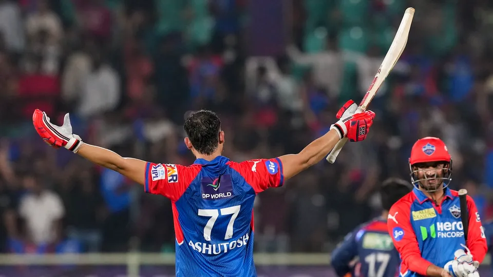Delhi Capitals' batter Ashutosh Sharma celebrates after playing the winning shot during the IPL 2025 match against Lucknow Super Giants at ACA-VDCA Cricket Stadium in Visakhapatnam on Monday, March 24, 2025.