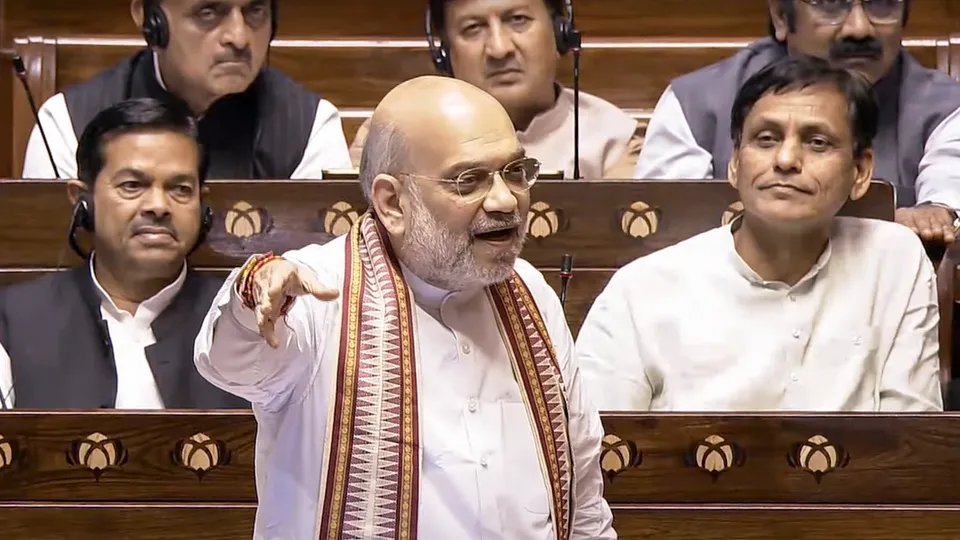 Amit Shah speaks in the Rajya Sabha during the Budget session of Parliament on Tuesday, March 25, 2025.