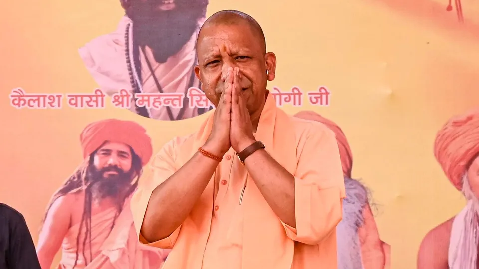 Yogi Adityanath during an event organised to mark eight years of the BJP government in the state in Agra on Wednesday, March 26, 2025.